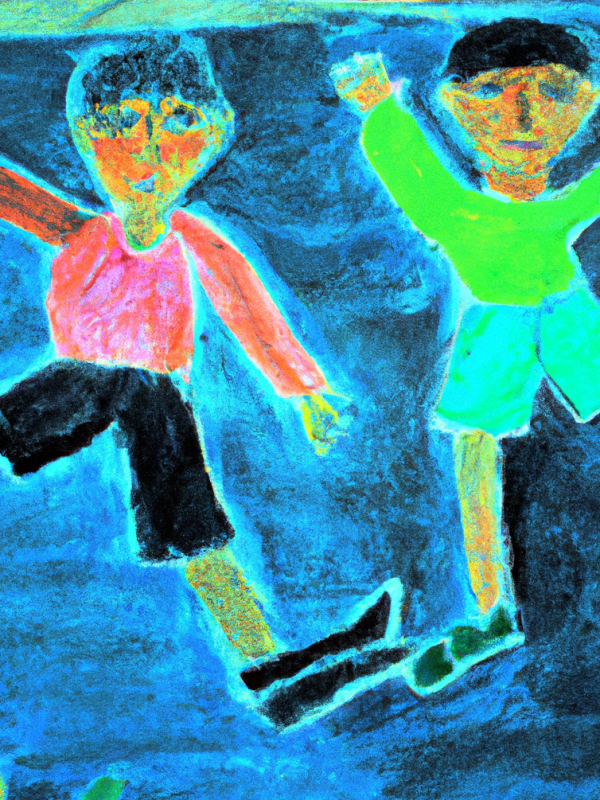 DALL·E 2023-04-14 12.57.05 - a highly stylized drawing of children playing in the city, pastels, chalk art, street art